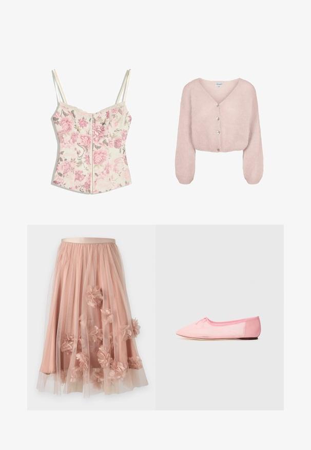 Blød lyserød fluffy cropped cardigan med lange ærmer og fire frontknapper.; Blomstret korsethals-top med pinke blomster og grønne blade på cremefarvet baggrund, tynde cremefarvede stropper og blondekant langs halsudskæringen.; Tylskørt i blød lyserød med satinbånd i taljen. Har lag af gennemsigtigt stof og tredimensionelle blomsterapplikationer over det hele.; Lyserød balletflad med blødt stof, præget af spidse tå og en lille sløjfedetalje på overdelen, samt en lav og fleksibel sål.