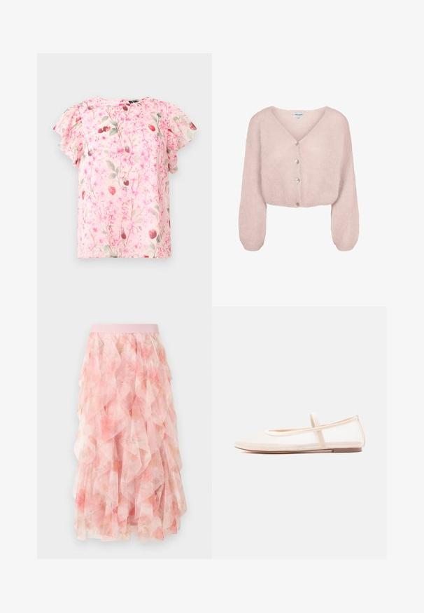 Cardigan court rose doux et duveteux avec manches longues et quatre boutons sur le devant.; Blouse rose clair à manches courtes avec un motif floral et fraises délicat, dotée de manches à volants et d'un col rond.; Jupe midi en tulle rose à couches avec motif floral et taille élastique, présentant des textures douces et volantées.; Ballerines avec une tige en mesh beige transparent et une bride en satin, dotées d'un bout arrondi et d'une semelle basse marron. Design léger et flexible.