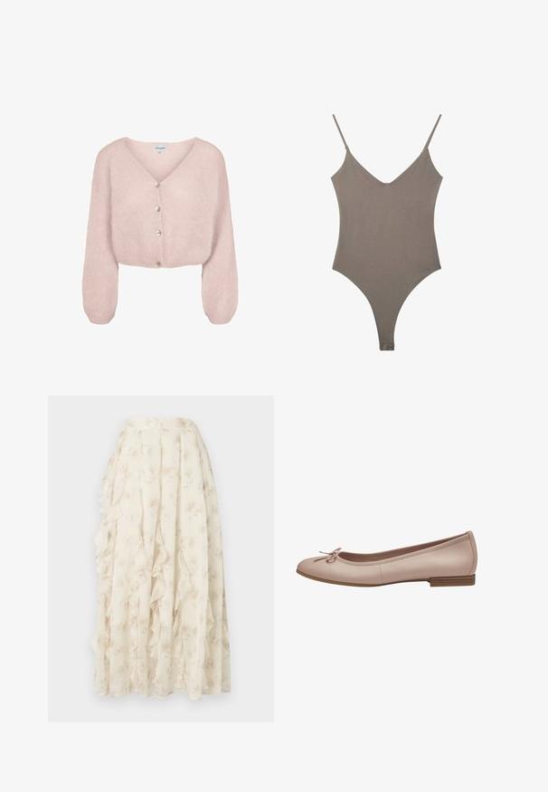 Weicher rosa flauschiger kurzer Cardigan mit langen Ärmeln und vier Knöpfen vorne.; Ärmelloser Bodysuit in Taupe mit dünnen, verstellbaren Spaghettiträgern, V-Ausschnitt und Druckknöpfen im Schritt.; Langer cremefarbener Rock mit dezentem Blumenmuster und fallenden Volantdetails, gefertigt aus leichtem, transparentem Stoff.; Helle rosa Leder-Balletschuhe mit einer abgerundeten Spitze, kleinem braunen Absatz und einer dekorativen Schleife an der Vorderseite. Glatte Textur und schlichtes Design.