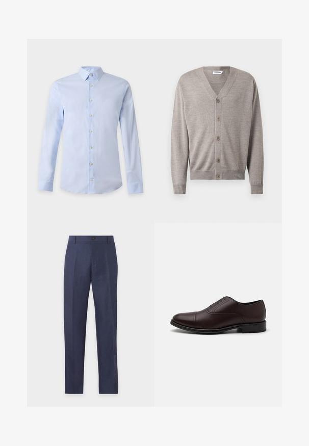 Lichtgrijze cardigan met V-hals, zeven knoopsluiting, ribgebreide manchetten en zoom, gemaakt van zachte gebreide stof, met een eenvoudig design.; Lichtblauw herenoverhemd met lange mouwen, klassieke kraag en witte knopen aan de voorkant op een effen achtergrond.; Marineblauwe, op maat gemaakte pantalon met riemlussen, knoopsluiting en smalle rechte pijpen.; Bruine leren exemplaren van gekleed schoeisel met een gladde afwerking, ronde neus, ontwerp met vijf veterogen en een lage gestapelde hak.