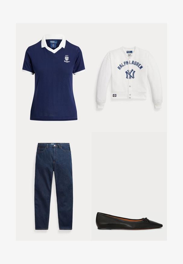 Cardigan blanc boutonné avec texte "Ralph Lauren" bleu marine et logo des New York Yankees sur le devant, poignets côtelés et petite pièce près de l'ourlet.; Polo bleu marine à manches courtes avec col et poignets blancs, logo Wimbledon 1877 sur la poitrine gauche, par Polo Ralph Lauren.; Jean en denim bleu foncé avec cinq poches, fermeture par bouton et coupe droite, posé à plat sur un fond blanc.; Ballet flat en cuir noir avec un bout pointu, une silhouette élancée et un petit nœud à l'avant. Texture lisse et design minimal.