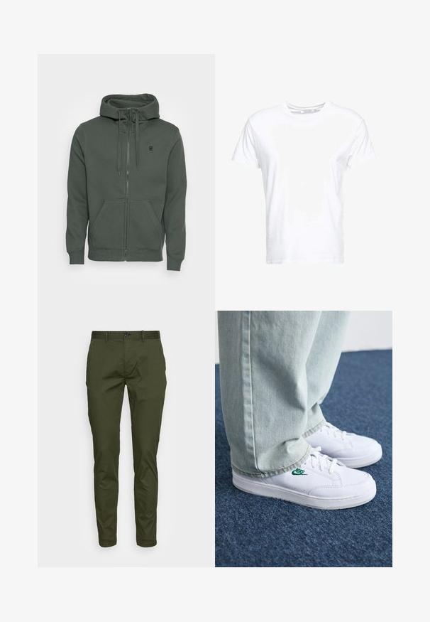Dunkelgrüne Zip-Hoodie aus weichem Stoff. Verfügt über eine Kapuze mit Kordelzug, Fronttaschen und ein kleines Logo auf der Brust.; Weißes Baumwoll-T-Shirt mit rundem Ausschnitt und kurzen Ärmeln, im klassischen Schnitt und mit glatter Textur. Keine sichtbaren Muster oder Hardware.; Scotch & Soda MOTT CONTAINS - Chino - military; Weiße Leder-Sneaker mit grünem Nike-Logo, runde Zehenpartie, flache Sohle, kombiniert mit hellblauen Jeans, präsentiert auf einem blauen Teppich.
