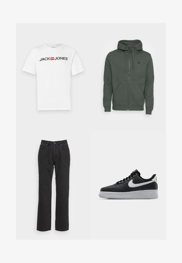 Donkergroene rits Hoodie van zachte stof. Bevat een trekkoordkap, voorzakken en een klein logo op de borst.; Witte katoenen T-shirt met een groot zwart "JACK & JONES" logo en een rode doosaccent. Korte mouwen en een klassiek ronde halsontwerp.; Zwarte denim jeans met een rechtzijdig ontwerp, voorzien van een voorste knoopsluiting, riemlussen en twee zijzakken. Gestructureerde stof.; Zwarte lederen sneaker met een textuur oppervlak, witte Nike swoosh, grijze zool, ronde neus en vetersluiting. Bevat perforaties op de neus.