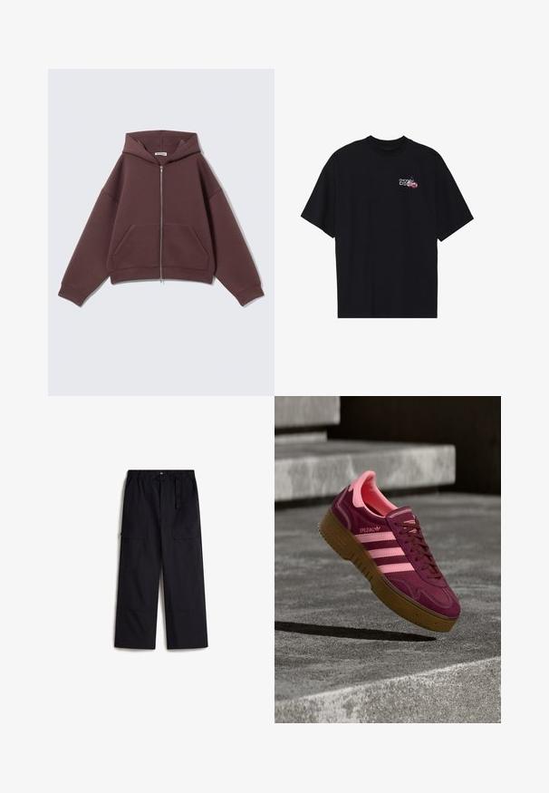 Mørkebrun hættetrøje med lynlås, lange ærmer, kængurulommer og hætte, lagt fladt på en lys baggrund.; Sort bomulds T-shirt med korte ærmer, ribbet rund halsudskæring og hvid/kerne grafisk design på venstre bryst med teksten "CHERRY DISCO."; Sorte cargo bukser med elastisk talje, justerbart bælte og to sidelommer. Fremstillet af et let, struktureret stof.; Mørkerød ruskinds-sneaker med lyserøde accenter, med tre striber, en tekstureret gummisål og en forstærket tåhætte. Rent design, lav profil.