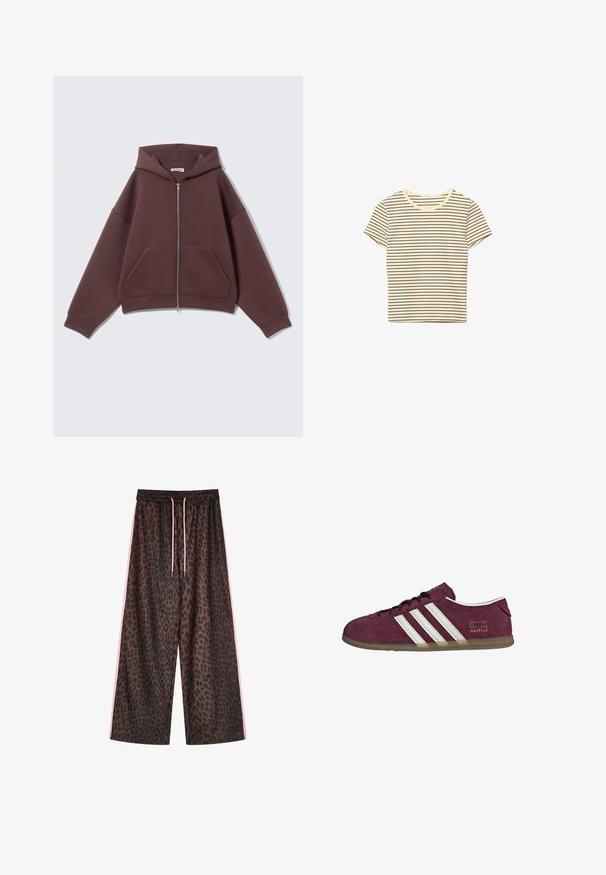 Sweat à capuche marron foncé à fermeture éclair, manches longues, poches kangourou et capuche, posé à plat sur un fond clair.; T-shirt crème à manches courtes avec de fines rayures horizontales marron et un col rond.; Pantalon marron à jambes larges avec imprimé léopard noir, taille élastique, bandes latérales roses et cordons roses à la taille.; Baskets en daim bordeaux avec accents rayés blancs, bout arrondi et semelle en caoutchouc gomme. Comprend une étiquette logo sur le côté extérieur.