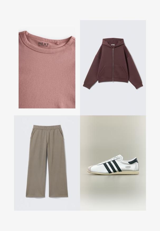 Sudadera con capucha y cremallera color marrón oscuro, de manga larga, con bolsillos tipo canguro y capucha, colocada plana sobre un fondo claro.; Camiseta de manga larga en color rosa polvoriento, hecha de algodón suave, con un sencillo cuello redondo y una textura lisa. La etiqueta dice "NEXT."; Pantalones anchos color topo con cintura elástica y bolsillos laterales, extendidos sobre un fondo claro.; Zapatilla blanca Adidas Paris con rayas negras, suela beige y puntera de ante, vista desde un lado sobre un fondo neutro.