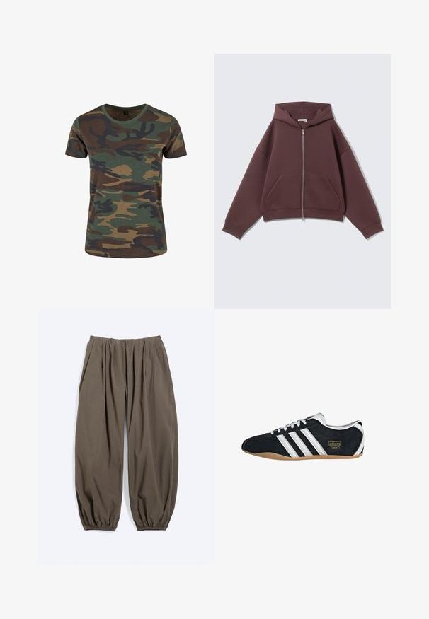 Donkerbruine hoodie met ritssluiting, lange mouwen, kangoeroezakken en een capuchon, plat neergelegd op een lichte achtergrond.; Camouflage T-shirt in groen, bruin en zwart. Korte mouwen, ronde hals, zachte textuur en een klassieke pasvorm met een patroon van organische vormen.; Loszittende donkerolijfgroene broek met elastische tailleband en geplooide elastische boorden, getoond tegen een lichte achtergrond.; Zwarte suède sneaker met witte drie strepen, gouden logo en een bruine rubberen zool. Heeft een laag profiel vetersluiting ontwerp.