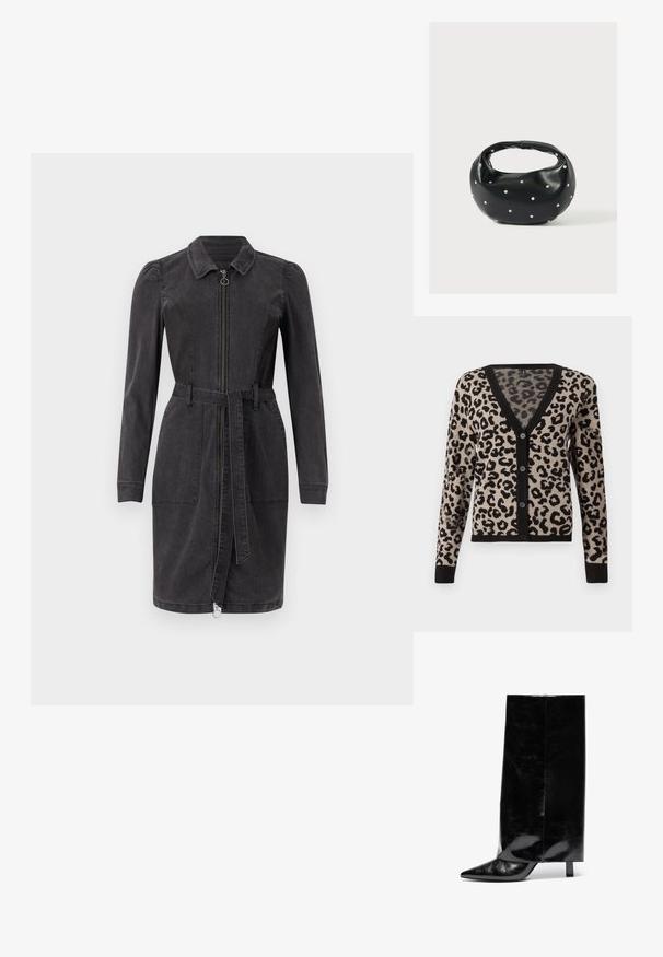 Cardigan de estampado de leopardo en beige y negro, con escote en V, mangas largas, cierre de botones y puños y dobladillo acanalados. Tejido de punto suave.; Vestido de mezclilla negro con cuello tipo camisa, mangas largas, cierre frontal de cremallera y cintura ceñida con cinturón. Cuenta con dos bolsillos frontales y un dobladillo recto.; Botín de cuero negro hasta el tobillo con punta afilada y tacón cuadrado, que presenta un caña alta y brillante y un acabado texturizado en la parte inferior.; Bolso de mano de cuero negro con forma redondeada, decorado con detalles de tachuelas plateadas y un asa corta. Textura lisa y cierre con cremallera.
