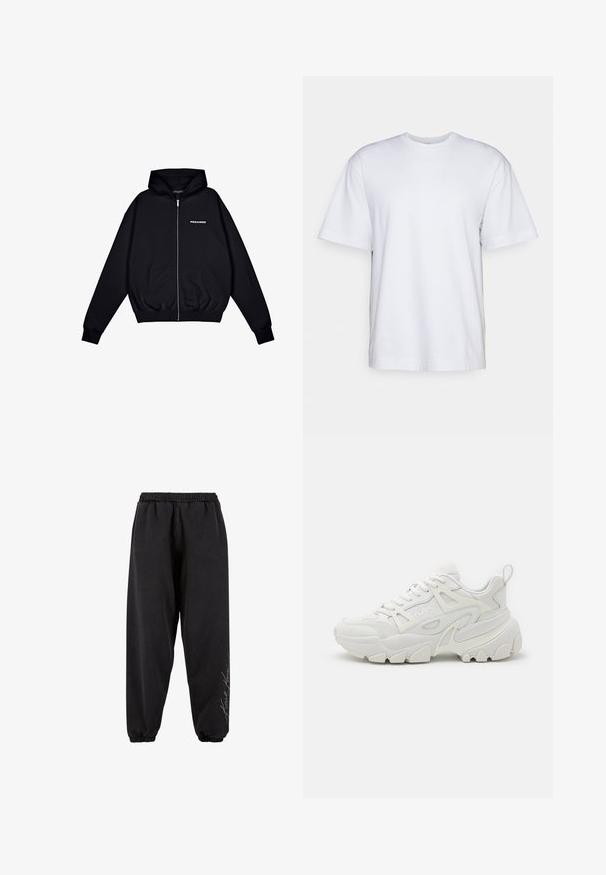 Sort zip-up hoodie lavet af blødt stof, med en front kangaroo lomme, snorhætte og lille "PEGADOR" logo på venstre bryst.; Filippa K HEAVY CREW NECK TEE - T-shirts basic - white; Sorte sweatpants lavet af blødt stof med elastisk talje. Taperede ankler og trykt tekstdetalje på den ene side. Casual, afslappet pasform.; Hvide atletiske sneakers med en struktureret overdel, netpaneler, fremtrædende gummisål og dekorative udsparinger på siden.