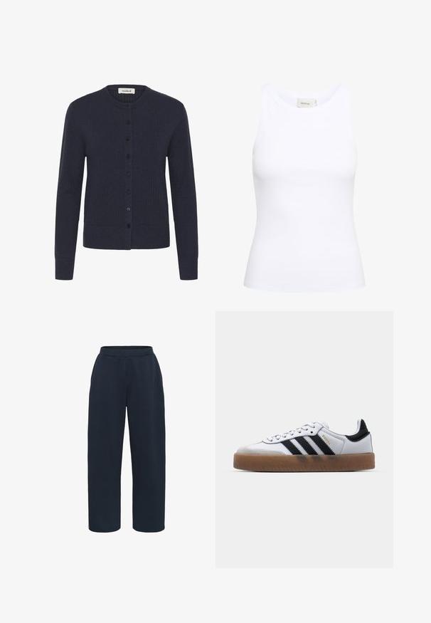 Cardigan bleu marine en tissu texturé, présentant un col rond, une fermeture à boutons à l'avant et des manches longues.; Débardeur blanc côtelé avec un col rond et sans manches. Tissu extensible et design ajusté. Étiquette au dos indiquant "GESTUZ."; Kaffe KASIF - Pantalon de survêtement - midnight marine; Baskets en cuir blanc avec des rayures noires, semelle extérieure en caoutchouc beige, bout rond, fermeture lacée et embout en suède gris doux.