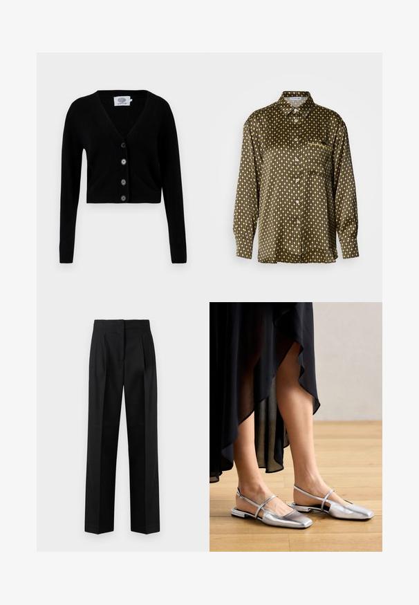 Sort kortærmet cardigan lavet af blødt materiale, med V-hals, lange ærmer og seks store sorte knapper foran.; Skjorte med knapper lavet af blankt stof, med et sort og guld geometrisk mønster, brystlomme og lange ærmer.; Sorte trousers lavet af vævet stof, med et skræddersyet design med plisseringer, lige ben og flad front. Holdbar og glat tekstur.; Sølvmetalliske flade sko med firkantet tådesign, slingback-rem og udskæringsdetaljer. Glat tekstur på et trægulv.