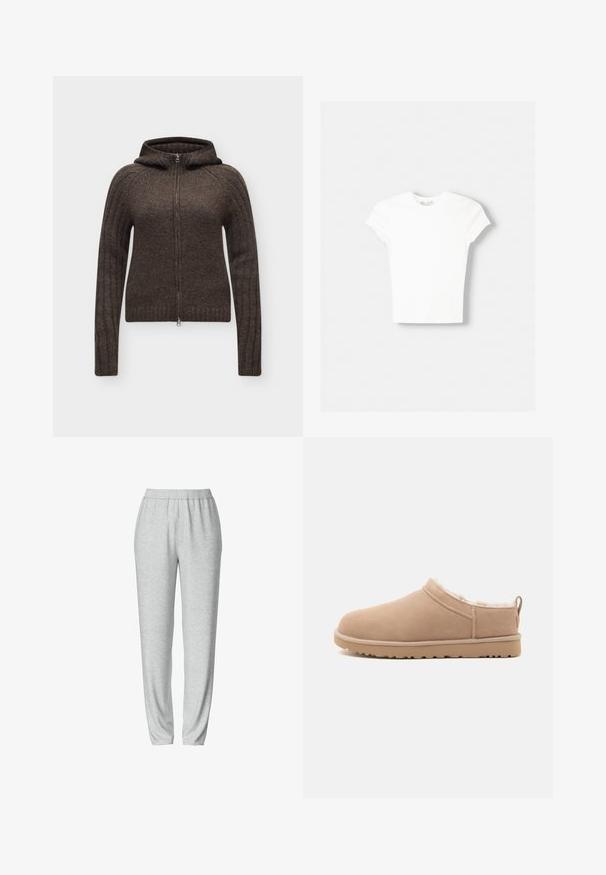 Sweat à capuche zippé en maille brun foncé avec manches longues et poignets côtelés présenté sur un fond uni.; T-shirt blanc à manches courtes en coton doux, avec un col rond et une coupe ajustée. Pas de motifs ni d'ornements visibles.; Pantalon de survêtement gris avec une taille élastique, design de jambes fuselées, texture douce et sans motifs ni détails matériels visibles.; Chausson beige à enfiler avec extérieur en suède doux, doublure en fourrure blanche moelleuse et semelle en caoutchouc avec bande de traction, montré en profil latéral.