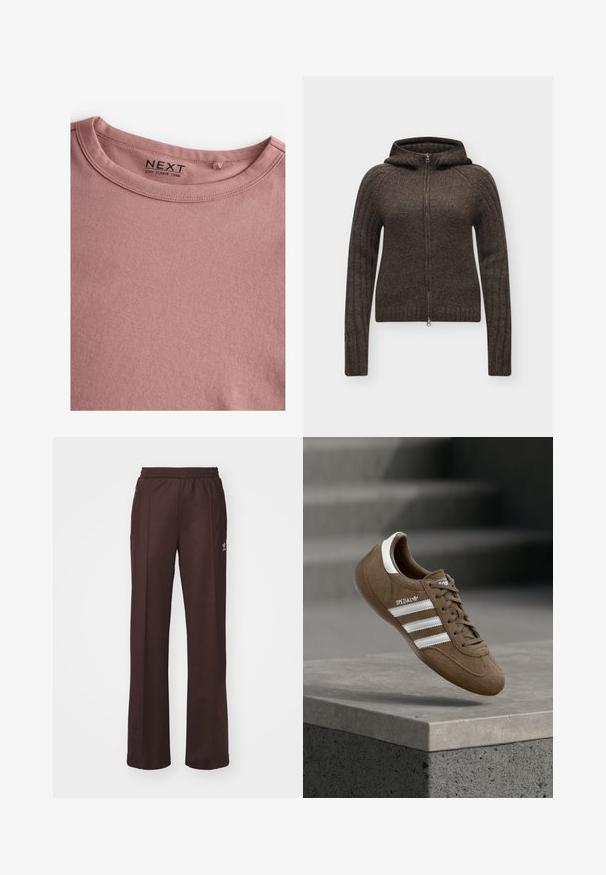 Sudadera con capucha de punto marrón oscuro con cremallera, mangas largas y puños acanalados mostrada sobre un fondo liso.; Camiseta de manga larga en color rosa polvoriento, hecha de algodón suave, con un sencillo cuello redondo y una textura lisa. La etiqueta dice "NEXT."; Pantalones deportivos marrones con una cinturilla elástica, dos bolsillos laterales y un pequeño logo en el lado izquierdo, hechos de una tela suave.; Zapatilla Adidas Spezial de ante marrón con rayas y cordones blancos, flotando sobre un borde de concreto gris con un fondo de escaleras desenfocado.