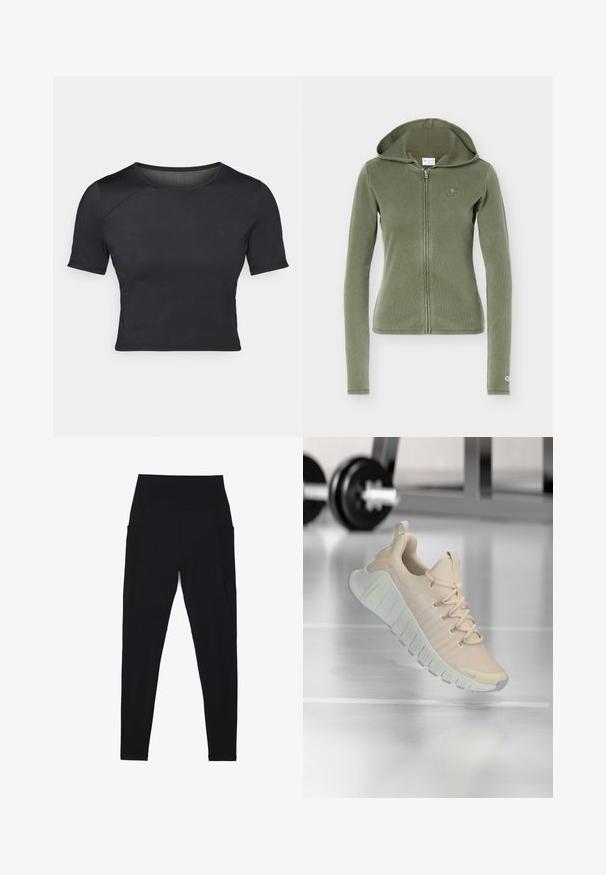 Olivengroene, lange mouwen, capuchontrui met ritssluiting, subtiel logo op de borst en mouwboord, getailleerde pasvorm.; Zwarte korte mouwen crop top gemaakt van glad, rekbaar materiaal met een ronde halslijn en subtiele naaddetails op de schouders.; Zwarte legging met een hoge, geribbelde tailleband, naadloos ontwerp, zijzakken en een gladde textuur over het hele oppervlak.; Lichtgewicht sneaker in een zachte beige kleur. Heeft een gestructureerd bovenwerk, platte veters en een dikke, geribbelde zool met subtiele merkaccenten.
