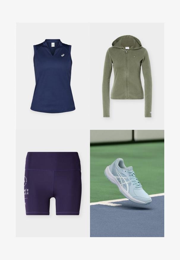 Olivengroene, lange mouwen, capuchontrui met ritssluiting, subtiel logo op de borst en mouwboord, getailleerde pasvorm.; Marineblauw mouwloos sporttop met een V-hals, gemaakt van glad, vochtafvoerend materiaal; beschikt over platte naden en een klein logo op de linkerkant van de borst.; Donkerpaarse, hooggesloten, nauwsluitende sportshorts met witte bedrukte tekst en logo op de linker dij, weergegeven tegen een effen achtergrond.; Lichtblauwe sportschoen met mesh bovenwerk, gestructureerde details en een gevoerde zolen, zwevend boven een blauw sportveld.