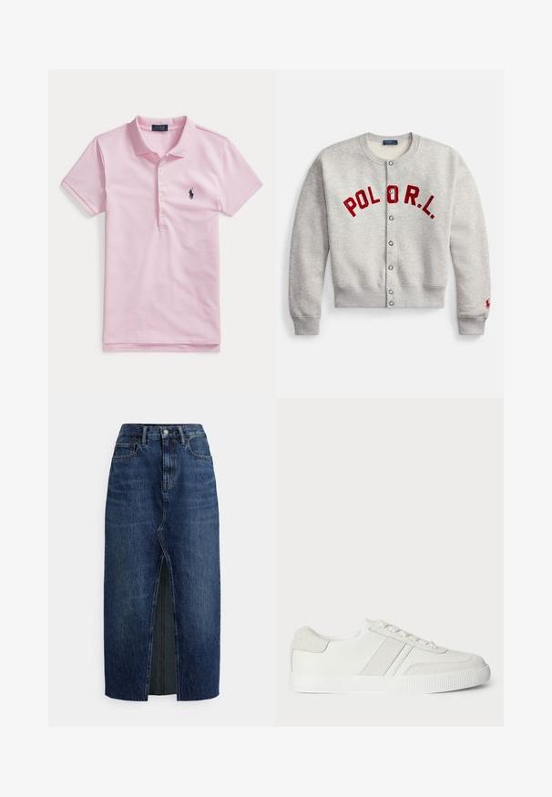 Lysegrå cardigan med knapper og rød "POLOR.L." tekst på forsiden samt rød Polo-logo broderet på venstre manchet.; Lyserød kortærmet polo med krave, fire knapper og et lille mørkeblåt broderet logo på venstre bryst.; Mørkeblå denim midinederdel med frontslids, bæltestropper, knaplukning og frontlommer, vist på en hvid baggrund.; Hvid sneakers med en glat læderoverdel, suedet detaljer og flade snørebånd. Har en tekstureret gummisål og et minimalistisk design.