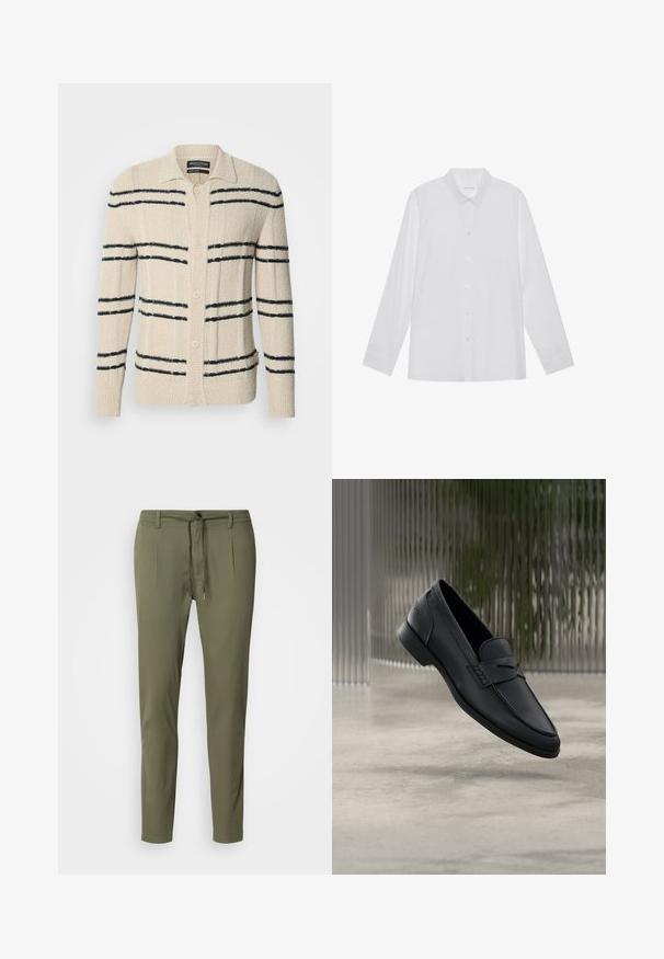 Cárdigan beige hecho de material texturizado que presenta rayas horizontales azul marino, un cuello con solapa y cierre de botones.; Camisa blanca de manga larga hecha de tela suave, con cuello puntiagudo, cierre frontal de botones y puños de un solo botón.; Pantalones verde oliva de tejido ligero, con cintura ajustable, dos pliegues frontales y un corte ajustado. Textura suave.; Zapato tipo mocasín de cuero negro con acabado liso, punta puntiaguda y detalles cosidos en la pala. Tacón bajo y diseño minimalista.