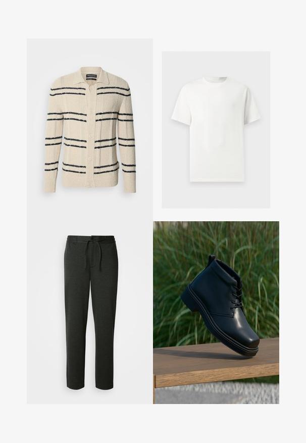 Beige cardigan lavet af tekstureret materiale med marineblå vandrette striber, en krave og knaplukning.; Enkelt hvid T-shirt med korte ærmer og rund hals vist på en lysegrå baggrund.; Mørkegrå sweatpants lavet af en blød bomuldsblanding. Har elastisk talje med snor og sidelommer. Lige ben-design.; Sorte læder ankelstøvler med en glat finish, rund tå og en kontrasterende brun hæl. Snørebånd og syningsdetaljer er synlige.