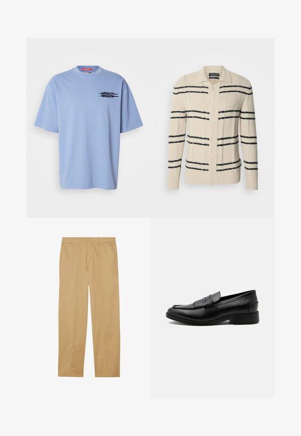 Beige cardigan lavet af tekstureret materiale med marineblå vandrette striber, en krave og knaplukning.; Lyseblå t-shirt med korte ærmer lavet af bomuld. Har en rund halsudskæring og et sort grafisk motiv af pile på den venstre brystområde.; Khaki bukser lavet af glat stof, med lige ben-design, to forlommer og rene, minimalistiske syninger.; Sort læder herre loafers med kvast detalje, rundet tå, lav hæl og glat poleret finish, vist fra siden på hvid baggrund.