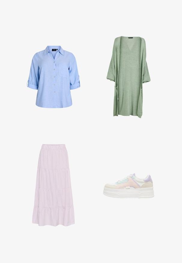 Lys grøn strikket cardigan med løs pasform, brede ærmer og lommer; struktureret stof med v-hals design.; Lyseblå, kortærmet skjorte med knapper og krave, enkelt brystlomme og ærmer med rulleflap. Fremstillet af et struktureret stof.; Lyserød og hvidstribet maxiskirt med et lagdelt design, elastisk talje og flydende stof. Indeholder flere volanger ved kanten.; Lav platform sneaker med hvid bund, pastelrosa, lilla og lyseblå stofoverlejringer og hvide snørebånd.