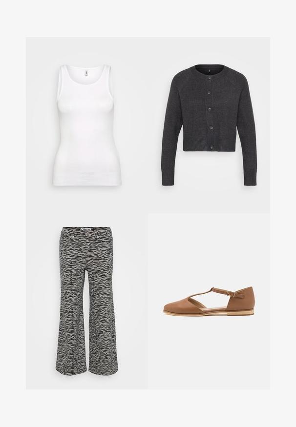 Donkergrijs cropped cardigan met een ronde hals, zes knopen aan de voorkant en geribde manchetten en zoom. Gemaakt van een zachte, gestructureerde breiwijze.; Witte, geribde tanktop met een ronde halslijn en brede schouderbanden, met een slanke pasvorm die het lichaam volgt. Geen zichtbare patronen of accenten.; Grijze flare-broek met zwarte zebrapatronen, voorzijde met knoop en rits, riemlussen en voortassen.; Bruine leren platte schoen met een uitsnijd ontwerp, enkelbandje en een lichte houten zool. Beschikt over een ronde neus en een gladde textuur.
