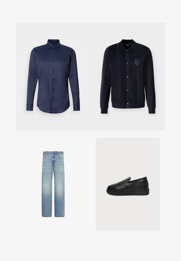 Chaqueta de punto negra con botones, puños acanalados, cuello, rayas verticales texturizadas y un pequeño parche bordado en el pecho izquierdo.; Camisa de vestir de manga larga para hombre en azul marino, con cuello puntiagudo y cierre frontal de botones, presentada sobre un fondo blanco liso.; Vaqueros azul claro de corte recto con un sutil desgaste y pequeñas zonas desgastadas cerca del dobladillo inferior en ambas piernas.; Zapato negro de plataforma de piel con diseño slip-on, suela gruesa y pequeño logo dorado "HUGO" cerca del talón sobre un fondo claro y liso.