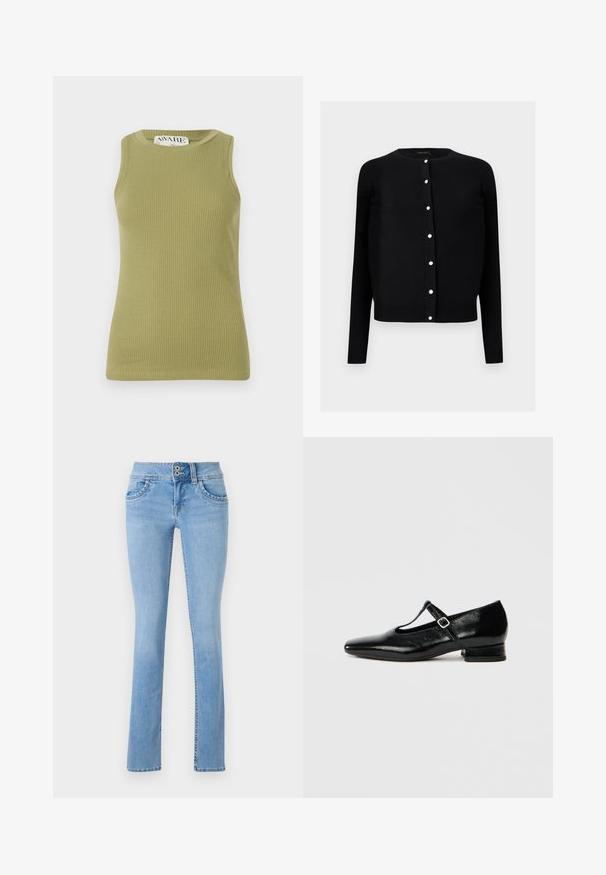 Sort langærmet cardigan med rund halsudskæring og syv synlige hvide knapper ned foran.; Grøn, ribbet tanktop med rund halsudskæring og ærmeløs design. Stoffet har et struktureret mønster med en tætsiddende silhuet.; Lysblå denim jeans med slim fit, der har knaplukning, frontlommer og en let falmet tekstur. Lige ben design.; Sorte Mary Jane-sko i læder med spids tå, lille blokhæl og justerbar rem med sølvspænde. Glat, blank tekstur.