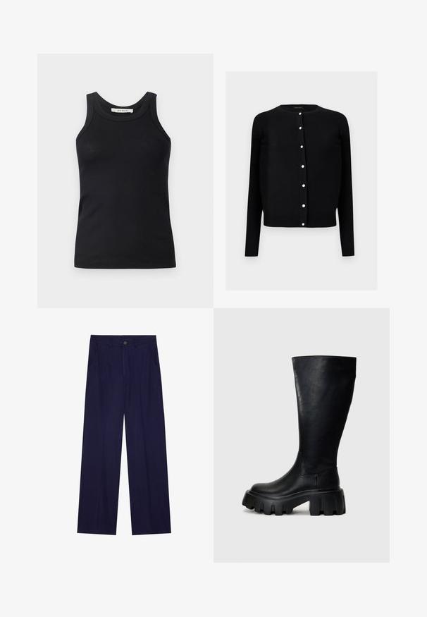 Schwarze langärmelige Strickjacke mit rundem Ausschnitt und sieben sichtbaren weißen Knöpfen auf der Vorderseite.; Schwarzes, geripptes Tanktop mit Rundhalsausschnitt und breiten Trägern, aus weichem Stoff gefertigt. Keine sichtbaren Muster oder Beschläge.; Marineblauwe weit geschnittene Hose aus weichem Material mit einem einzigen Knopfverschluss und zwei Fronttaschen. Glatte Textur ohne Muster.; Schwarze knielange Stiefel aus glattem Leder mit einer dicken Sohle, runder Zehenform, elastischen Seiteneinsätzen und einem dezenten Nahtdetail.