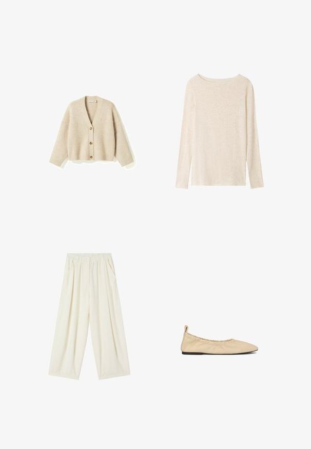 Beige gebreid vest met V-hals, drie bruine knopen aan de voorkant, lange mouwen en geribbelde boorden en zoom.; Lichtbeige fijngebreide top met lange mouwen, boothals en een subtiele gemêleerde structuur.; Crèmekleurige broek met wijde pijpen, elastische tailleband, knoopsluiting aan de voorkant, zijzakken en een losse pasvorm.; Beige leren ballerina's met een gerimpelde elastische opening, puntige neus en platte zool. Zachte textuur met een minimalistisch ontwerp.