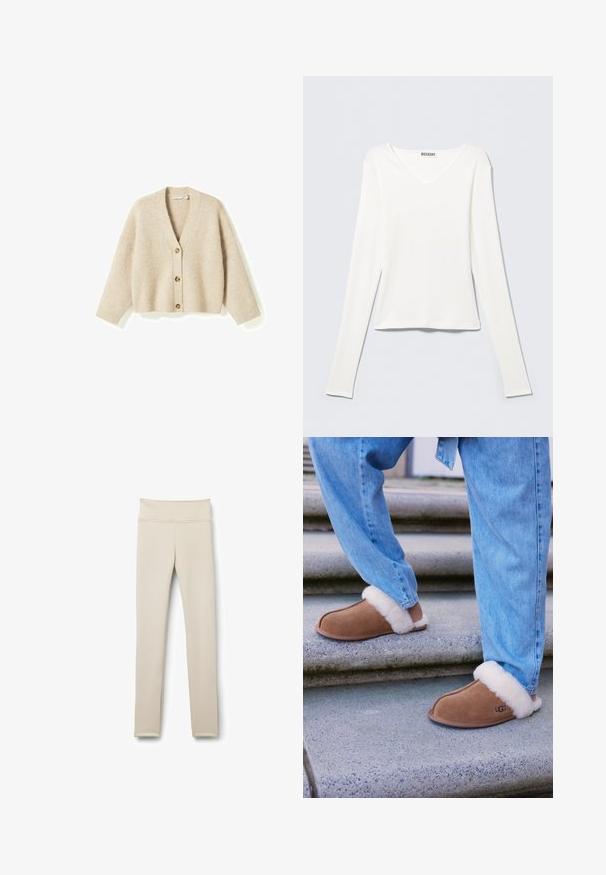 Beige strikket cardigan med V-hals, tre brune knapper foran, lange ærmer og ribstrikkede manchetter og kant.; Hvid langærmet V-hals skjorte lavet af blød bomuld. Har et tætsiddende design med diskrete sidesømme og et rent, minimalistisk udseende.; Beige leggings lavet af strækbart stof. Høj talje, tætsiddende pasform, med glat tekstur og uden synlige mønstre eller hardware.; Brune ruskind tøfler med hvid faux pelsforing, rund tå og gummisål, parret med blå denim jeans på granittrapper.
