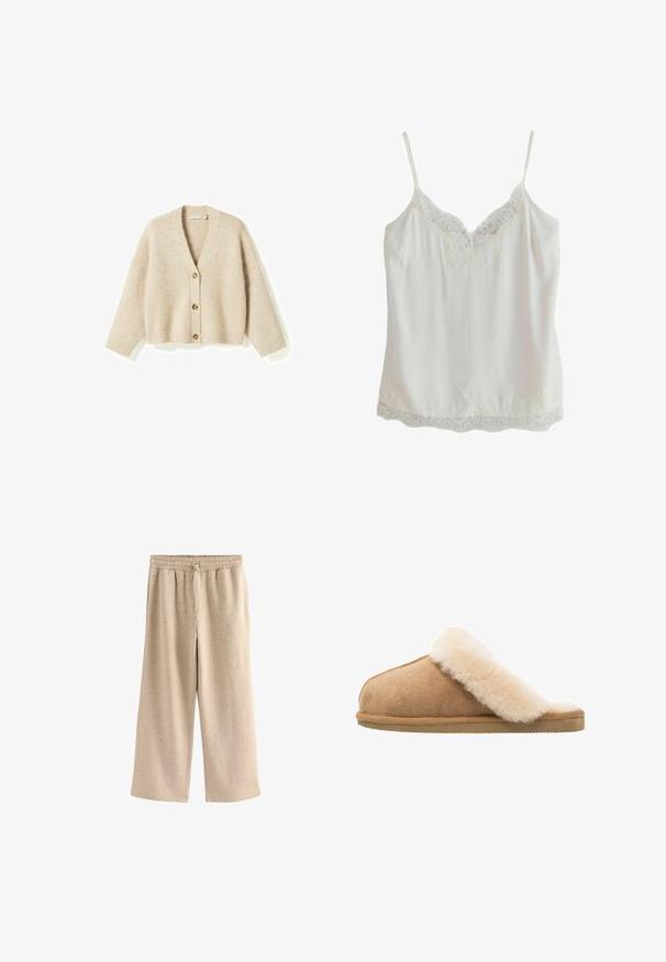 Cardigan tricoté beige avec col en V, trois boutons marron sur le devant, manches longues, poignets et ourlet côtelés.; Camisole blanche sans manches avec fines bretelles et bordure en dentelle au niveau de l'encolure et de l'ourlet, fabriquée en tissu lisse.; Pantalons larges de couleur crème en tissu doux en mélange de coton. Ils présentent une taille élastique avec cordon de serrage et une texture subtilement mouchetée.; Chausson en suède beige à enfiler avec une doublure en laine de mouton crème douce et moelleuse. Doté d'une semelle en caoutchouc texturé et plate pour une meilleure adhérence.
