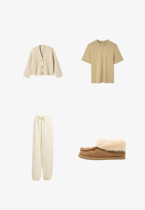 Beiger, gestrickter Cardigan mit V-Ausschnitt, drei braunen Knöpfen vorne, langen Ärmeln und gerippten Bündchen und Saum.; Kurzarm-T-Shirt aus leichtem beigen Baumwollstoff mit Rundhalsausschnitt, lockerer Passform und minimalen Nähten entlang der Kanten.; Beige, locker sitzende Sweatpants aus weichem Material. Sie verfügen über einen elastischen Bund mit Kordelzug und elastische Bündchen an den Knöcheln.; Braune Wildleder-Slipper mit einem weichen, cremefarbenen Kunstfellbund, abgerundeter Spitze und strukturiertem Boden für besseren Halt. Verfügt über eine dekorative Akzentseite.