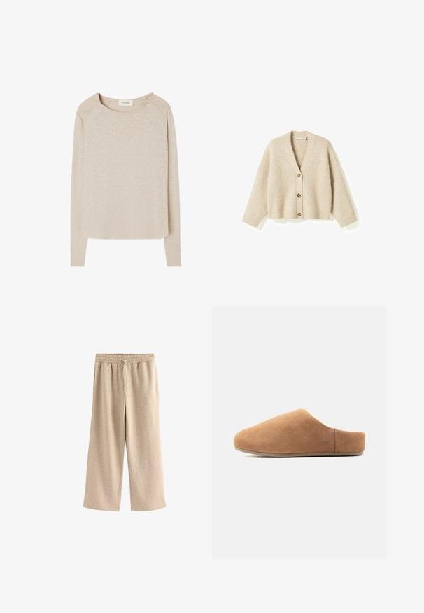 Beiger, gestrickter Cardigan mit V-Ausschnitt, drei braunen Knöpfen vorne, langen Ärmeln und gerippten Bündchen und Saum.; Beige Langarmshirt aus einem weichen, strukturierten Stoff. Mit rundem Halsausschnitt und Raglanärmeln. Abgerundeter Saum mit lockerer Passform.; Cremefarbene Schlaghosen aus einem weichen Baumwollmix. Sie verfügen über einen elastischen Bund mit Kordelzug und einer dezenten gesprenkelten Textur.; Hellbrauner Velours-Slipper zum Hineinschlüpfen mit geschlossenem Vorderteil, offenem Fersenbereich, flacher Sohle und kleinem UGG-Logo an der Seite, im Profil gezeigt.