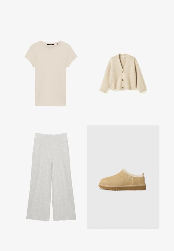 Beige gebreid vest met V-hals, drie bruine knopen aan de voorkant, lange mouwen en geribbelde boorden en zoom.; Korte mouwen, ivoorkleurig ribbel t-shirt. Ronde hals, zachte textuur, getailleerd ontwerp, en een subtiel merkje bij de halslijn.; Lichtgrijze broek met wijde pijpen, gemaakt van zachte stof, met een hoge tailleband en subtiele naaddetails aan de voorkant.; Suède instap schoenen in licht bruin, met een zachte bontvoering en een gemeleerde rubberen zool met een lichte hak en een trekhaakje aan de achterkant voor gemakkelijk aan- en uittrekken.