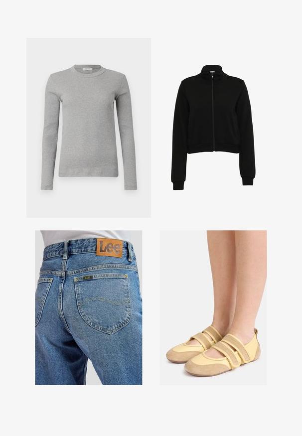 Sort cropped zip-up jakke med høj krave, lange ærmer, ribbede manchetter og liv. Glat stof med minimal dekoration.; Grå langærmet sweater lavet af ribbede stoffer, med en rund halsudskæring og en tætsiddende silhuet. Simpelt design, ingen synlige mønstre eller accenter.; Blå denimbukser med baglommer med gule syninger og et brunt lædermærke med Lee-brand på linningen.; Fødder iført gul-beige Mary Jane-stil sko med to brede justerbare stropper og teksturerede gummisåler.