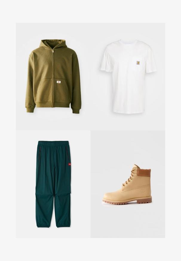 Oliven grøn zip-up hættejakke med en blød tekstur, frontlommer og ribbede manchetter. Har et logo-patch på det nederste lommeområde.; Hvid bomulds T-shirt med korte ærmer, en brystlomme, og et lille firkantet logo patch i orange og hvid på lommen.; Udendørsbukser i mørk teal, med en elastisk talje, to lynlåslommer på siden og elastiske manchetter ved anklerne. Letvægtsmateriale.; Lysebrun læder ankelstøvle med polstret krave, gyldne snøringer, brune snørebånd og tyk sål med riller på ensfarvet lys baggrund.