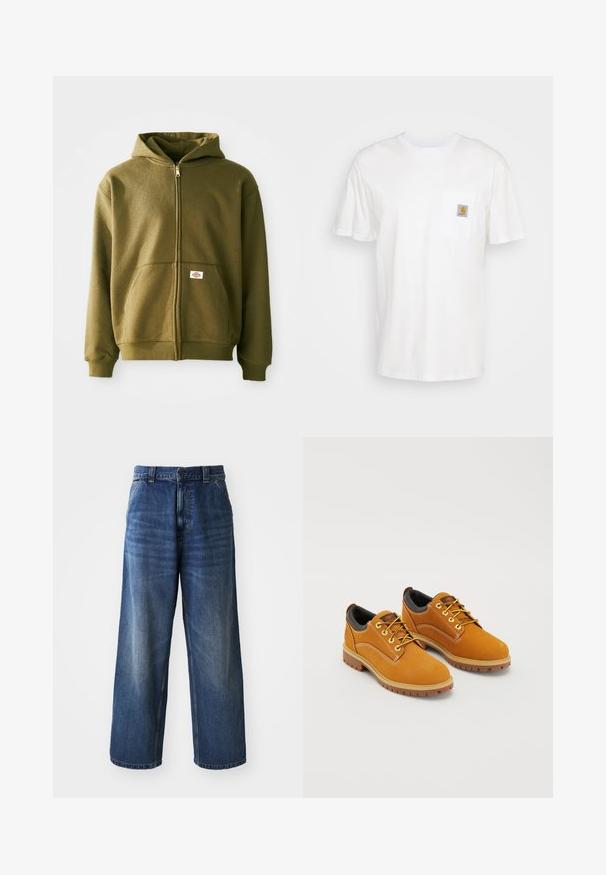 Oliven grøn zip-up hættejakke med en blød tekstur, frontlommer og ribbede manchetter. Har et logo-patch på det nederste lommeområde.; Hvid bomulds T-shirt med korte ærmer, en brystlomme, og et lille firkantet logo patch i orange og hvid på lommen.; Højtaljede blå denimjeans med vid benvidde, der har subtil falming, forlommer og en knaplukning i taljen.; Brune ruskindssko med rund tå, gule snørebånd, en polstret sort krave og gummisåler med skridsikre riller.