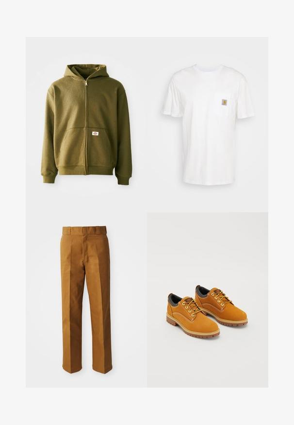 Hoodie zippé vert olive avec une texture douce, poches avant et poignets côtelés. Doté d'un patch de logo dans la zone de la poche inférieure.; T-shirt en coton blanc à manches courtes, avec une poche poitrine et un petit patch logo carré en orange et blanc sur la poche.; Pantalons ajustés marron avec une texture lisse, présentant une coupe droite, des plis à l'avant et une taille standard.; Chaussures en daim marron avec un bout rond, des lacets jaunes, un col rembourré noir et des semelles en caoutchouc avec des rainures de traction.
