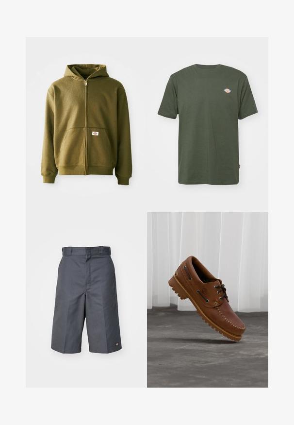 Hoodie zippé vert olive avec une texture douce, poches avant et poignets côtelés. Doté d'un patch de logo dans la zone de la poche inférieure.; T-shirt en coton vert olive avec un col rond, des manches courtes et un petit logo coloré sur la poitrine. Texture lisse, design décontracté.; Shorts gris en tissu durable, dotés d'une coupe droite, de deux poches latérales et d'un petit logo sur la poche arrière.; Chaussure de bateau en cuir marron avec des lacets noirs, des coutures beiges et une semelle robuste, suspendue au-dessus d'un sol en béton gris.