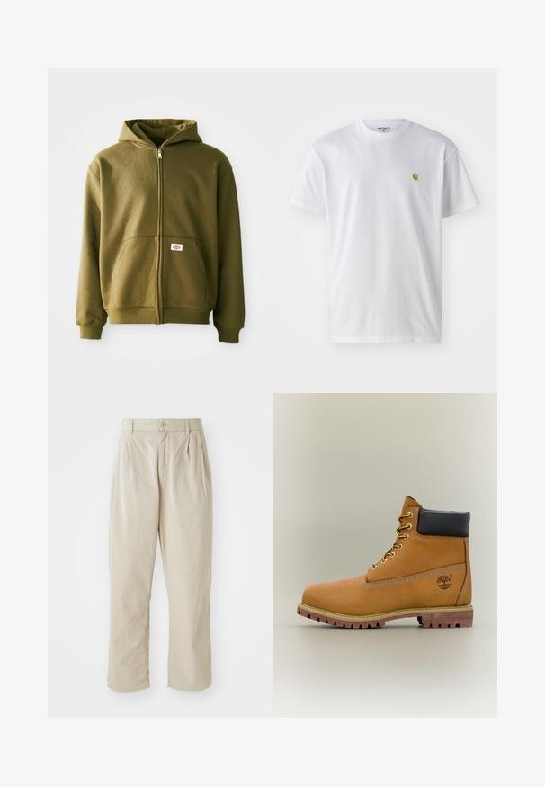 Oliven grøn zip-up hættejakke med en blød tekstur, frontlommer og ribbede manchetter. Har et logo-patch på det nederste lommeområde.; Hvid bomulds t-shirt med korte ærmer, rund hals og et lille guld logo på venstre brystområde. Blød tekstur og almindelig pasform.; Beige, lette bukser med en afslappet pasform, indsyede folder foran, knaplukning og opbrettede kanter. Glat tekstur, minimalistisk design.; Brun læderankelstøvle med sort krave, gule snørebånd og tanfarvet sål. Har logo og hvide syninger som detalje. Robust ydersål med greb.
