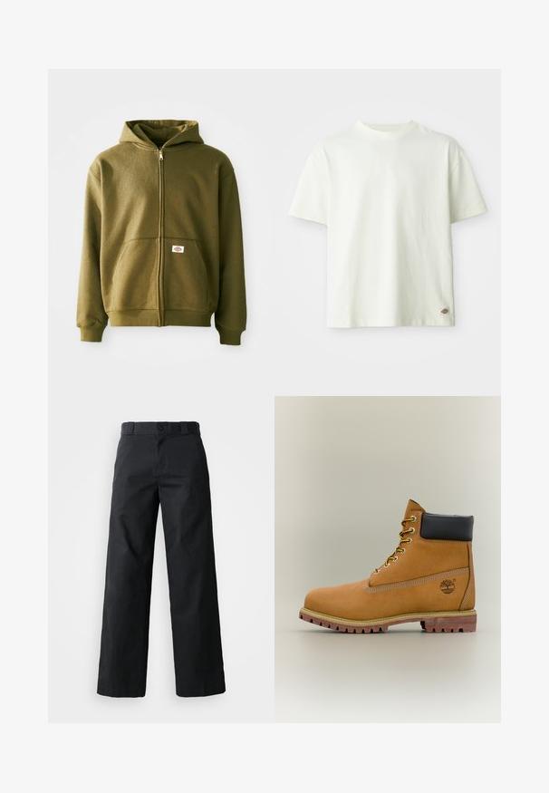 Olivgrüne Zip-Hoodie mit weicher Textur, vorderen Taschen und gerippten Bündchen. Verfügt über ein Logo-Patch im unteren Taschenbereich.; Weißes Baumwoll-T-Shirt mit Rundhalsausschnitt, kurzen Ärmeln und lässiger Passform. Verfügt über ein kleines Logotag an der unteren Seite. Glatte Textur.; Schwarze weit geschnittene Baumwollhose. Verfügt über einen Knopfverschluss, Gürtelschlaufen und Seitentaschen. Glatte Textur mit tailliertem Schnitt.; Brauner Leder-Stiefelette mit schwarzem Kragen, gelben Schnürsenkeln und hellbrauner Sohle. Verfügt über ein Logo und weiße Ziernähe. Robuste Profilsohle.