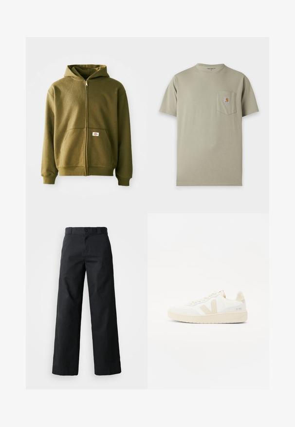 Hoodie zippé vert olive avec une texture douce, poches avant et poignets côtelés. Doté d'un patch de logo dans la zone de la poche inférieure.; T-shirt Carhartt beige à manches courtes avec une poche poitrine comportant un écusson logo Carhartt sur fond blanc.; Pantalon noir à jambes larges en coton. Doté d'une fermeture à bouton, de passants de ceinture et de poches latérales. Texture lisse avec une coupe ajustée.; Sneaker blanche avec des accents beiges, présentant un dessus texturé, un bout rond et une semelle en caoutchouc épaisse. Le design inclut le logo V iconique et le branding.