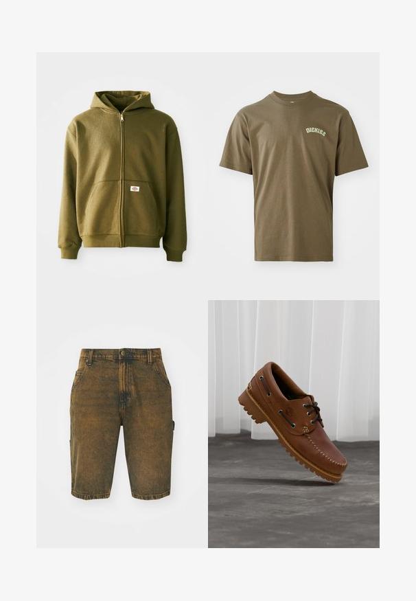 Olivgrüne Zip-Hoodie mit weicher Textur, vorderen Taschen und gerippten Bündchen. Verfügt über ein Logo-Patch im unteren Taschenbereich.; Olivgrünes Baumwoll-T-Shirt mit kurzen Ärmeln, Rundkragen und einem kleinen weißen "Dickies"-Logo auf der linken Brust. Glatte Textur.; Jeansshorts in einem verblassten Braunton mit einer leicht abgenutzten Oberfläche. Mit Gürtelschlaufen, Vordertaschen und einer seitlichen Cargo-Tasche.; Brauner Leder-Bootsschuh mit schwarzen Schnürsenkeln, beigen Nähten und einer robusten Sohle, schwebt über einem grauen Betonboden.