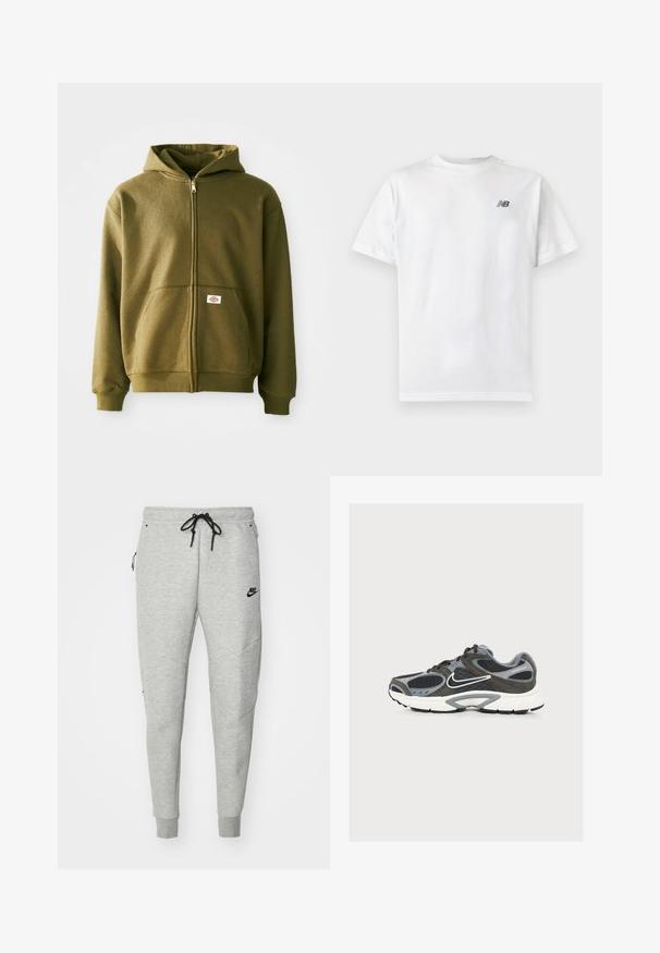Olijfgroen rits hoodie met een zachte textuur, voorzakken en geribbelde manchetten. Heeft een logo patch op het onderste zakgebied.; Witte T-shirt met korte mouwen en ronde hals met een klein zwart New Balance-logo op de linker bovenkant van de borst op een effen lichte achtergrond.; Grijze sweatpants met een gladde textuur, elastische tailleband, verstelbaar zwart trekkoord, twee zijzakken en een klein zwart logo.; Grijze en zwarte Nike hardloopschoen met witte zool en swoosh-logo, met mesh- en suèdepanelen, gezien vanaf de buitenkant.