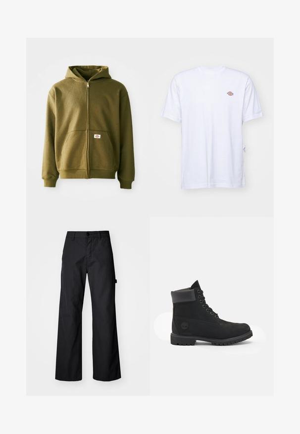 Hoodie zippé vert olive avec une texture douce, poches avant et poignets côtelés. Doté d'un patch de logo dans la zone de la poche inférieure.; T-shirt en coton blanc avec un col en V et des manches courtes. Présente un petit logo coloré brodé sur la poitrine gauche. Texture douce.; Pantalons larges noirs en tissu durable. Fermeture à bouton et poches latérales. Texture lisse avec un design épuré.; Bottine en cuir noir avec un embout arrondi, design à lacets à six œillets, col rembourré, semelle texturée et logo Timberland sur le côté.