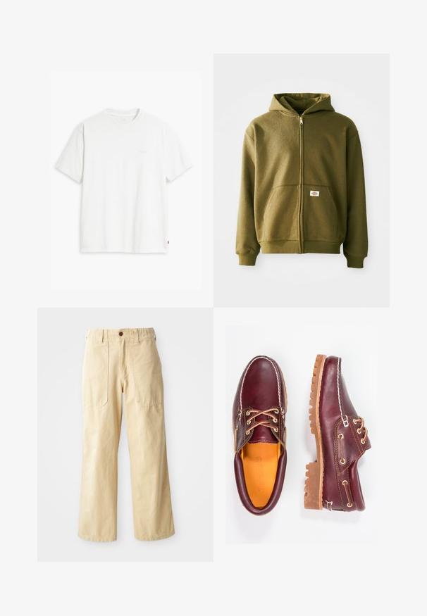 Hoodie zippé vert olive avec une texture douce, poches avant et poignets côtelés. Doté d'un patch de logo dans la zone de la poche inférieure.; T-shirt en coton blanc à manches courtes, col rond, avec un logo "Levi's" discret imprimé en couleur claire sur le devant.; Pantalons larges beige en coton. Présentent une taille haute, deux poches avant au design plat et une fermeture par un seul bouton.; Chaussures en cuir bourgogne avec semelles en caoutchouc marron, bout rond, couture blanche et œillets dorés. L'intérieur présente une doublure jaune.