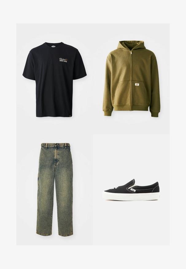 Olijfgroen rits hoodie met een zachte textuur, voorzakken en geribbelde manchetten. Heeft een logo patch op het onderste zakgebied.; Zwarte katoenen T-shirt met korte mouwen. Bevat een geborduurd logo "Dickies Donut House" op de linker borst. Klassiek crew neck ontwerp.; Baggy denim jeans in een vervaagde blauwe en groene was. Heeft een knoopsluiting, riemlussen en zijzakken. Vlakke voorkant en rechte pijpen.; Zwarte Vans instapsneaker met witte rubberen zool, witte stiksels en elastische zijaccenten, gezien vanaf de buitenkant.