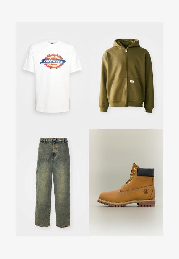 Oliven grøn zip-up hættejakke med en blød tekstur, frontlommer og ribbede manchetter. Har et logo-patch på det nederste lommeområde.; Hvid bomulds t-shirt med et blåt og rødt cirkulært "Dickies" logo i midten. Korte ærmer og rund hals design.; Slidse denim jeans i en falmet blå og grøn vask. Har en knaplukning, bælteløkker og sidelommer. Flad front og lige ben-design.; Brun læderankelstøvle med sort krave, gule snørebånd og tanfarvet sål. Har logo og hvide syninger som detalje. Robust ydersål med greb.