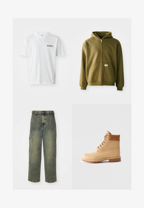 Oliven grøn zip-up hættejakke med en blød tekstur, frontlommer og ribbede manchetter. Har et logo-patch på det nederste lommeområde.; Hvid bomulds T-shirt med korte ærmer, prydet med et grønt "DICKIES ON THE ROAD AGAIN" logo på venstre bryst. Standard crew neck design.; Slidse denim jeans i en falmet blå og grøn vask. Har en knaplukning, bælteløkker og sidelommer. Flad front og lige ben-design.; Lysebrun læder ankelstøvle med polstret krave, gyldne snøringer, brune snørebånd og tyk sål med riller på ensfarvet lys baggrund.