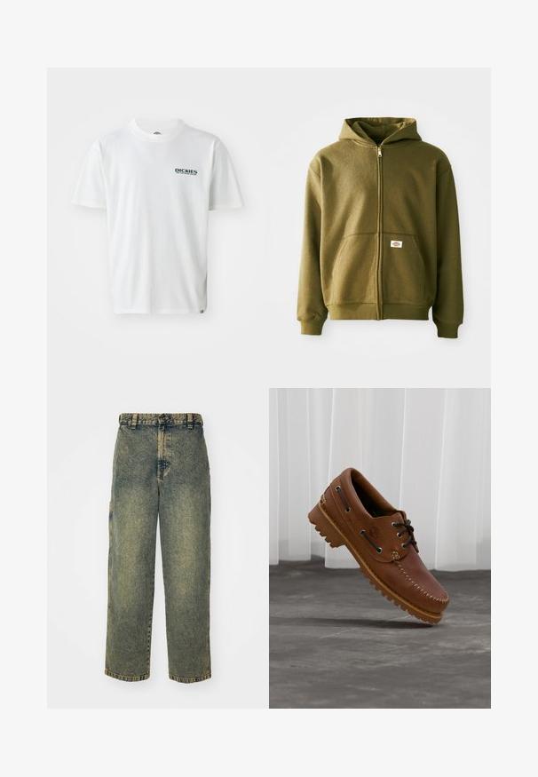 Oliven grøn zip-up hættejakke med en blød tekstur, frontlommer og ribbede manchetter. Har et logo-patch på det nederste lommeområde.; Hvid bomulds T-shirt med korte ærmer, prydet med et grønt "DICKIES ON THE ROAD AGAIN" logo på venstre bryst. Standard crew neck design.; Slidse denim jeans i en falmet blå og grøn vask. Har en knaplukning, bælteløkker og sidelommer. Flad front og lige ben-design.; Brun læder bådsko med sorte snørebånd, beige syninger og en robust sål, hængende over en grå betongulv.